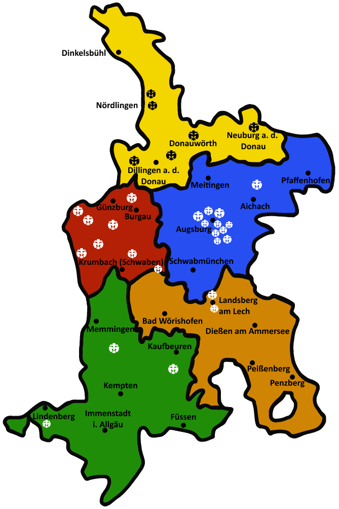 Karte von den 5 Bezirken der Diözese Augsburg mit markierten Stämmen.